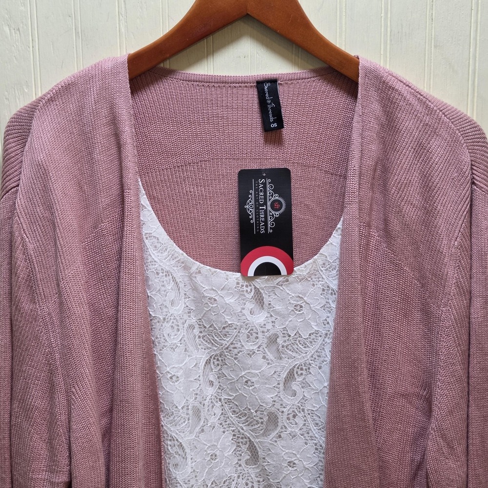 Sacred Threads Cardigan Sweater Womens One Size Pink Open Front Lightweight Knit